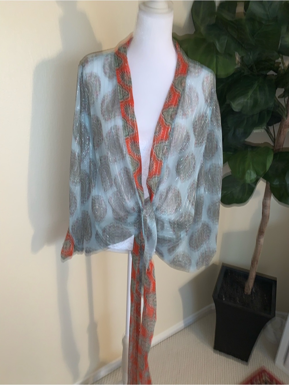 Free People Cool Blue Paisley Print Top with Coral Trim - Picture 2 of 8